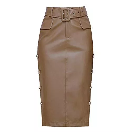 HIENAJ Röcke HIENAJ Damen Button Down Bleistift PU Röcke Faux Leder Bodycon Midi Rock mit Gürtel