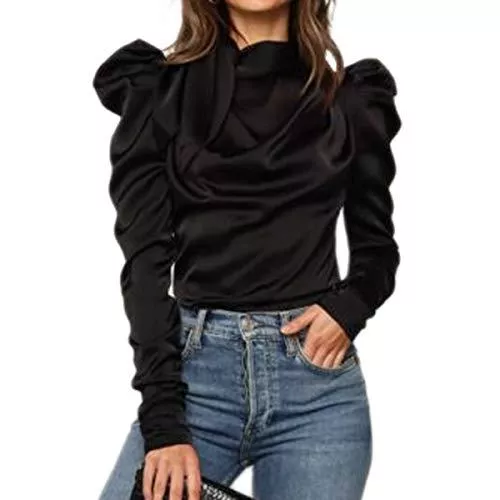 I3CKIZCE Langarmblusen I3CKIZCE Elegante Damenbluse mit langen Ärmeln, Rollkragen, elegant, Bluse aus Satin, Fluid für Büro, Alltag, Casual