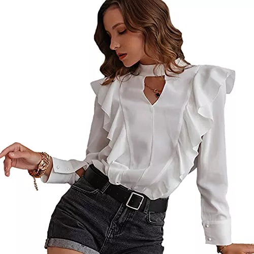 MUNDIDO Langarmblusen MUNDIDO Damen Bluse Chiffon Elegant V-Ausschnitt Langarm Casual Oberteile Hemd Lose Langarmshirt Business Tops