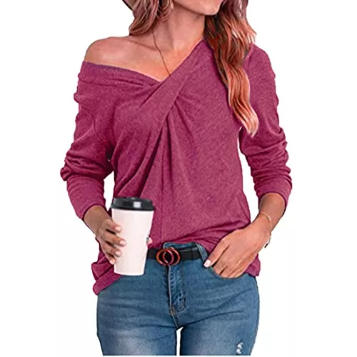 FSFLOYOM Langarmshirts FSFLOYOM Langarmshirt Damen Oberteile V-Ausschnitt Casual Einfarbig Basic T-Shirt Blusen Tuniken Shirt Elegant Tops
