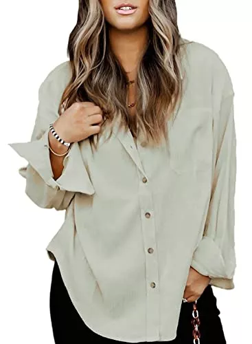 Dobijisoo Langarmblusen Dobijisoo Hemd Cordstoff Damen Bluse Basic Hemdjacke Button Down Shirt Roll Up Lose Solide Farbe Tops