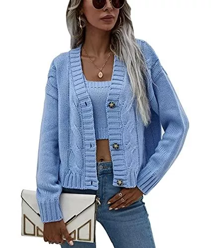 Jiraewh Strickjacken Jiraewh 2 Set Damen Strickjacke mit Weste Langarm Knopfleiste V-Ausschnitt Casual Strickmantel Leicht Pullover Leibchen Tops