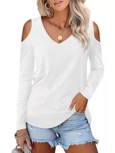 Beluring Langarmblusen Beluring Damen Casual T-Shirts Offene Schulter V-Ausschnitt Langarm Oberteile Bluse Shirts