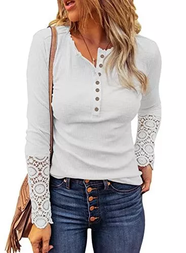 Uusollecy Langarmblusen Damen Langarmshirts Rundhals Basic Oberteile mit Spitze Sleeves Slim Fit Einfarbig T-Shirt Oberteile Tops mit Button