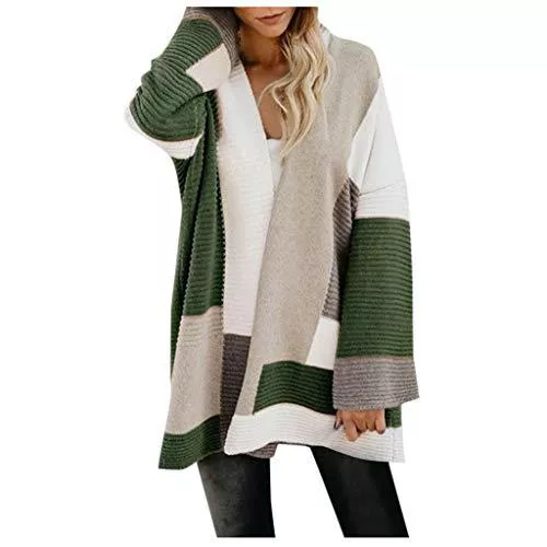 L9WEI Strickjacken Damen Strickjacke Elegant Spleißen Cardigan Lose Langarm Strickmantel Mittlere Länge Strickpullover Herbst Winter Open Front Sweater Knitwear