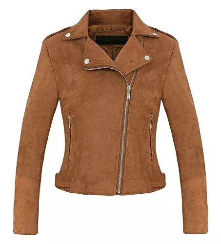 CHARTOU Jacken & Westen CHARTOU Modische Motorradjacke für Damen, mit eingekerbtem Kragen, schrägem Reißverschluss, Wildleder - Braun - Large