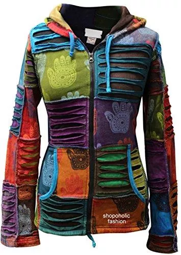 SHOPOHOLIC FASHION Kapuzenpullover Shopoholic FASHION DAMEN mehrfarbig Henna Hand Spitz Kapuzenpulli verblichen Hippy Jacke