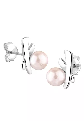 Elli Schmuck Elli Ohrringe Damen Ohrstecker Kreuz elegant mit Süßwasserperlen in 925 Sterling Silber