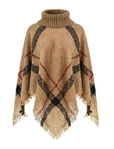 Ferand Strickjacken Ferand Warmer Weicher Karierter Damen Poncho-Pullover mit Kapuze oder Rollkragen
