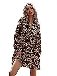 DIDK Freizeit DIDK Damen Kleid mit Leopard Muster Langarm Blusekleid Locker Minikleid Herbstkleid Freizeitkleid