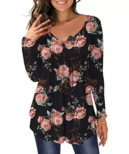 DEMO Langarmblusen DEMO Tunika Damen Blumen Tops Langarm Henley V Ausschnitt Knopfleiste Plissiert Bluse T Shirt Oberteil