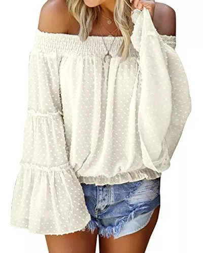 ACHIOOWA Langarmblusen ACHIOOWA Langarmshirt Damen Elegante Schulterfreie Oberteile Tunika Laterne Ärmel Casual Karmenbluse