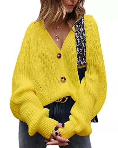 ZIYYOOHY Strickjacken ZIYYOOHY Strickjacke Damen V-Ausschnitt Cardigan Laternenhülle Casual Kurz Strickmantel Oversize Pullover Knopfleiste Outerwear