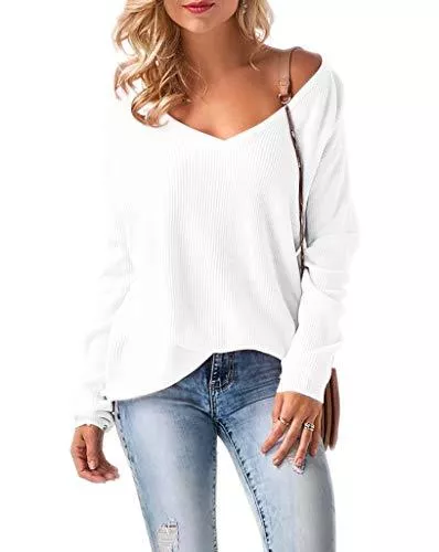 Mikos Pullover & Strickmode Mikos* Damen Frauen Off Shoulder Langarm Frühling Sommer Pullover Strickpullover Pullover Langarmshirt Longsleeve Baggy V-Ausschnitt (694) SML