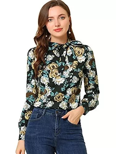 Allegra K Langarmblusen Allegra K Damen Puffärmel Panel Fliege Rüschen Blumen Top Bluse