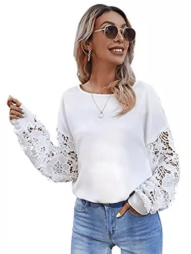 DIDK Langarmshirts DIDK Damen Bluse mit Spitzenarm Casual Oberteile Langarmshirt Sweatshirt Pulli Rundhals Shirts