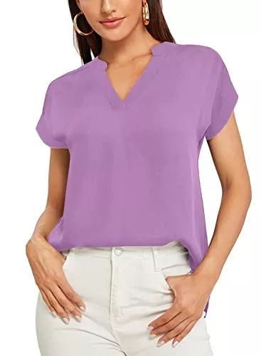 Parabler Kurzarmblusen Parabler Damen T-Shirt Sommer Tops Chiffon Bluse Einfarbig Kurzarm Casual Blusen Tunika V-Ausschnitt