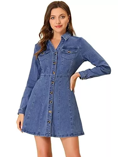 Allegra K Freizeit Allegra K Damen Denim Langarm Roll Up Knopfleiste Jeans Shirtkleid Kleid