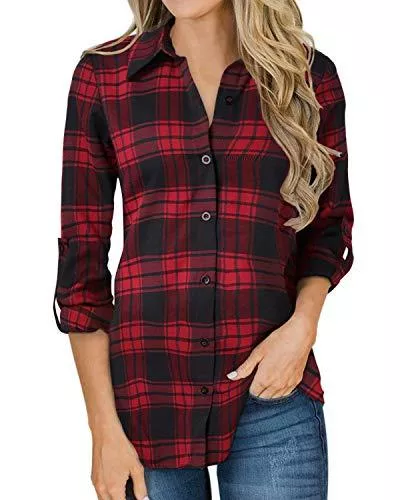 YOINS Langarmblusen YOINS Bluse Damen Oberteile Elegant Langarmshirt Kariert V-Ausschnitt Hemd Casual Stehkragen Button-down Blusenshirt