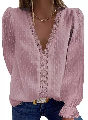 Aleumdr Langarmblusen Aleumdr Damen V-Ausschnitt Bluse mit Spitzen Damen Elegant Spitze Bluse Kurzarm Oberteile Damen Sommer Chiffon Bluse Tunika Bluse Tops Sexy Spitzeblusen Shirts