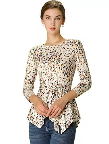 Allegra K Langarmblusen Allegra K Damen Langarm Rundhals Bindergürtel Blumen Peplum Top Bluse