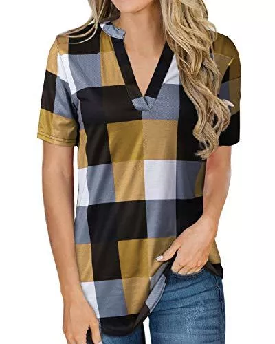 YOINS Kurzarmblusen YOINS Bluse Damen Oberteile Elegant Sexy Tops Langarmshirt Gestreift Kariert V-Ausschnitt Hemd