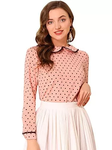 Allegra K Langarmblusen Allegra K Damen Langarm Bubikragen Colorblock Herz Muster Top Bluse