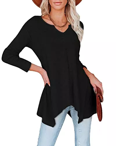 Hiistandd Langarmshirts Hiistandd Damen Langarmshirt Damen Langarm Top V Ausschnitt Langarm T-Shirt Unregelmäßiger Saum Tunika Casual Top Oberteile