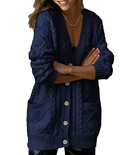 Maxwinee Strickjacken Maxwinee Strickjacke Damen Zopfmuster Oversized Grobstrick Winter Cardigan mit Knöpfe Elegant V-Ausschnitt Strickmantel