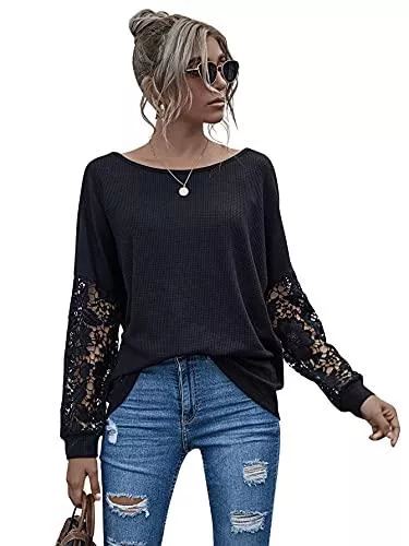 DIDK Langarmshirts DIDK Damen Bluse mit Spitzenarm Casual Oberteile Langarmshirt Sweatshirt Pulli Rundhals Shirts