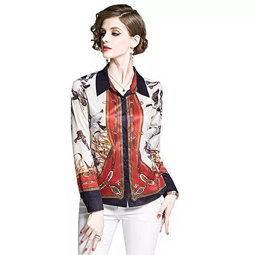 HOSD Langarmblusen Revers Langarm bedrucktes schmales Hemd Damenhemd