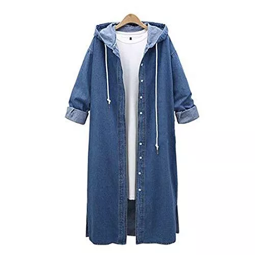 Xmiral Jacken Xmiral Damen-Mantel mit Kapuze beiläufige Lange Hülsen-Denim-Jacket-Knopf Drawstring Lange Jean Coat Outwear