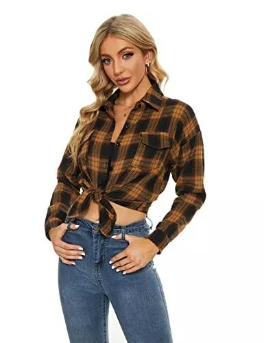 Fourindo Langarmblusen Fourindo Damen Kariertes Hemd Damen Baumwolle Tops Button Down Langarm Damen Oversize Boyfriend Shirts Oberbekleidung mit Tasche Freizeitbluse