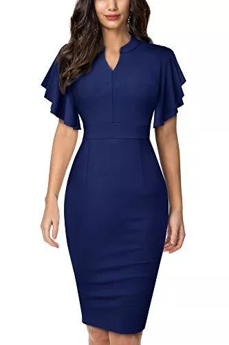 HOMEYEE Cocktail HOMEYEE Damen Elegant V-Ausschnitt mit Rüschen Sleeve Stretch Party Kleid B572