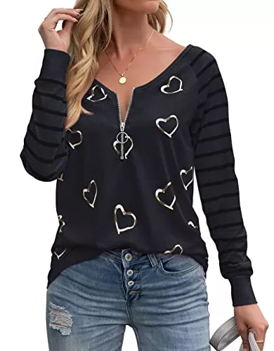 Kapoohott Langarmshirts Kapoohott Damen T-Shirt Langarm Elegant Oberteile Casual V-Ausschnitt Shirts Streifen Herzförmig Langarmshirt Bluse Tops mit Reißverschluss