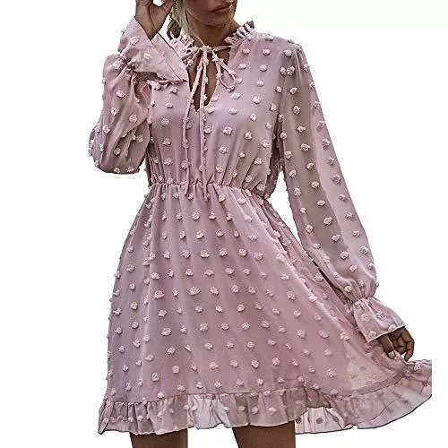 Pearl Angeli Freizeit Pearl Angeli Minikleid Damen Rüschen Punkte Langarm Chiffon Kleid Knielang Swing Partykleid