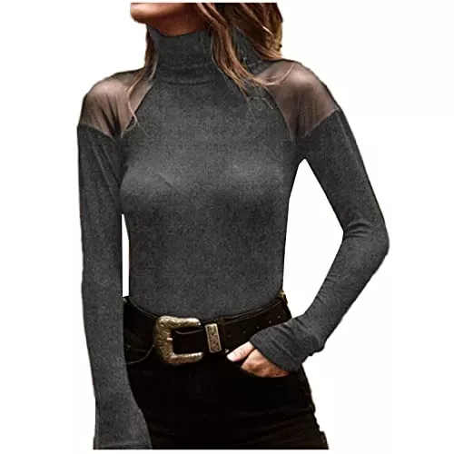 Masrin Langarmshirts Masrin Damen Pullover Lässige einfarbige Basic Shirts Sexy Netzgarn Splicing Oberteile Pulli Tops mit Stehkragen und Langen Ärmeln Schmale Tunika Kurz geschnittenes Tshirt Enge Blusen Warm Sweatshirt