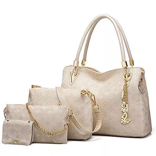 FiveloveTwo Taschen & Rucksäcke FiveloveTwo Damen Umhängetasche Schultertasche Henkeltaschen Quaste Drucken Handtasche 4-teiliges Set Geldbörse Shopper Taschen Clutches Kartenhalter Brieftasche Beige