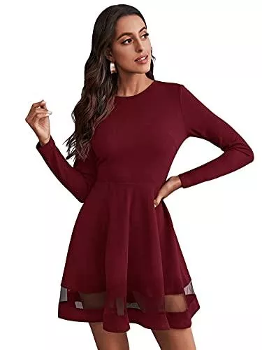 DIDK Freizeit DIDK Damen Skaterkleid Elegant Minikleid Rundhals Freizeitkleid Langarm Kleider Hohe Taille Cocktailkleid mit Netzstoff