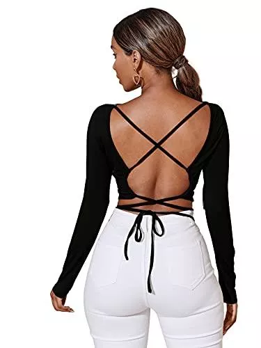 DIDK Langarmshirts DIDK Damen Rückenfrei Bauchfrei T-Shirts Crop Oberteil Criss-Cross Langarmshirts Rundhals Pullover