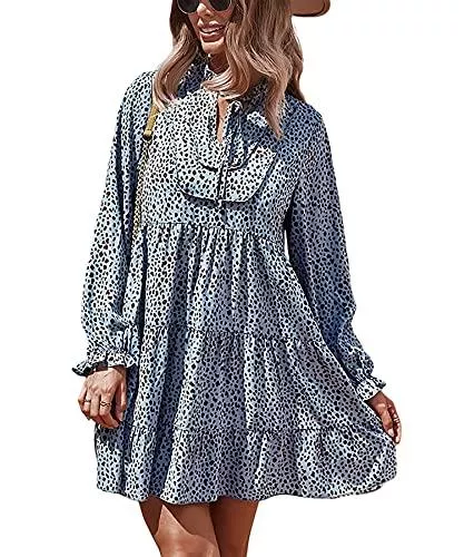 Ajpguot Freizeit Ajpguot Damen Elegant A-Linie Kurz Kleider Blumen Tunika Kleid Partykleid Langarm Rüschenärmel Babydoll Blusenkleider Strandkleider Casual Lose Plissee Minikleid Sommerkleid