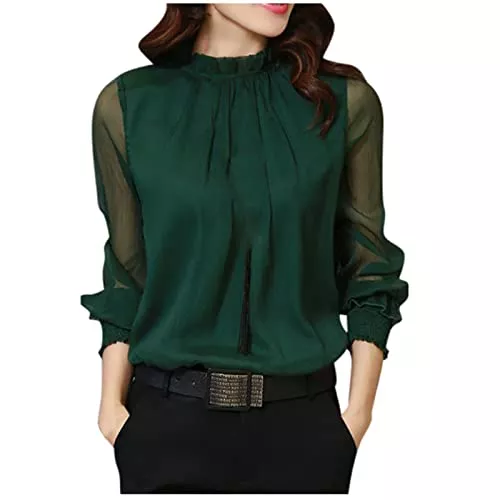 Masrin Langarmblusen Masrin Bluse Damen Lässiges einfarbiges Chiffon Hemd T Shirt mit Netz Nähten Pullover mit Stehkragen und Puffärmeln Frühlings Herbst Langarm Shirt Business Tops Partykleidung Crop Tops