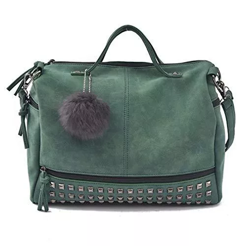Pahajim Taschen & Rucksäcke Pahajim Große Damenhandtasche Shopper mit Plüsch-Schlüsselanhänger und Punk-Nieten, geeignet für Büro, Schule und Einkaufen(Grün)