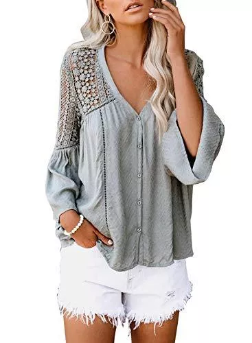 Astylish Langarmblusen Astylish Bluse Damen, elegant Chiffon Bluse Damen Oberteile Spitze mit V-Ausschnitt Aushöhlen Lose Tops Damen Spitze Casual Hemd Damen Tops Spitze einfarbig (S-2XL)