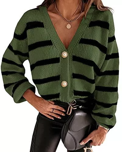 Maxwinee Strickjacken Maxwinee Damen Strickjacke Kurz Gestreift Elegant Cardigan Locker Strickpullover V Ausschnitt mit Knopfleiste