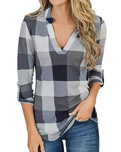 YOINS Ärmellose Blusen YOINS Bluse Damen Kariert Hemd Elegant Oberteile Langarmshirt Gestreift Tops V-Ausschnitt