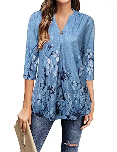 Gaharu Langarmblusen Gaharu Damen Bluse 3/4 Arm Elegant V-Ausschnitt Tunika Shirt Oberteil Flowy Locker Longshirt Tops