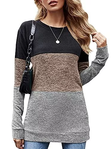 YIIYIDATON Langarmshirts Damen Casual Langarmshirts Farbblock Rundhals T-Shirt Pullover Oberteile