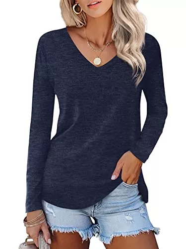 Beluring Langarmblusen Beluring Damen Casual Langarm Tops V-Ausschnitt Einfarbig Oberteile