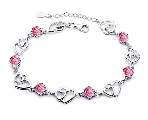 findout Schmuck Baobei Double Heart Silber Armbänder für Frauen Weißgold plattiert Silber Zirkonia Weiß Rot Blau Lila Herzform Kristall Armbänder Geschenk für Schmuck für Frauen Mädchen